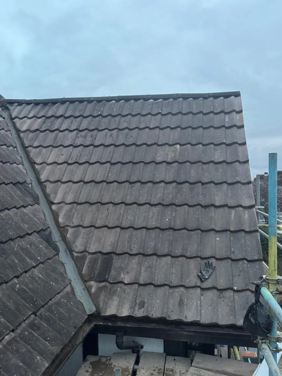 Concrete tiled slope meeting a dormer with scaffolding below